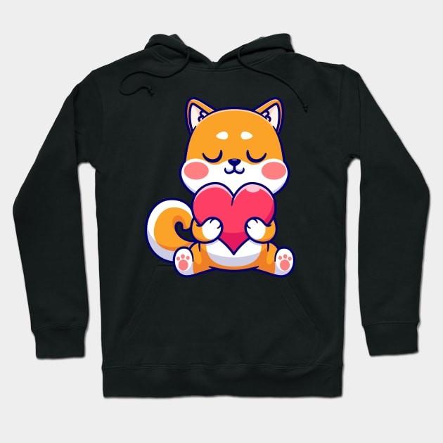 Cute Shiba Inu Dog Holding Love Heart Cartoon Hoodie by Catalyst Labs